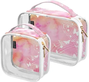 Pink Musical Note Pattern 2 Pack Clear Toiletry Bag Women Men, Portable Waterproof Clear Pouch, Cosmetic Bag with Double Zippers Large Opening Traveling with Handle for Bathroom Traveling Vacation Org