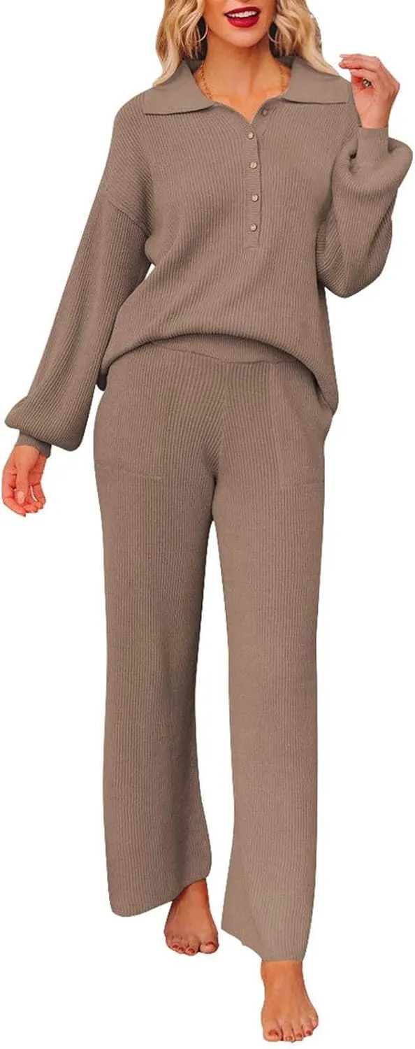 Pink Queen Women's 2 Piece Outfit Sweater Set Long Sleeve Button Knit Pullover Top Wide Leg Pants Pocket Sweatsuit