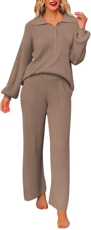 Pink Queen Women's 2 Piece Outfit Sweater Set Long Sleeve Button Knit Pullover Top Wide Leg Pants Pocket Sweatsuit