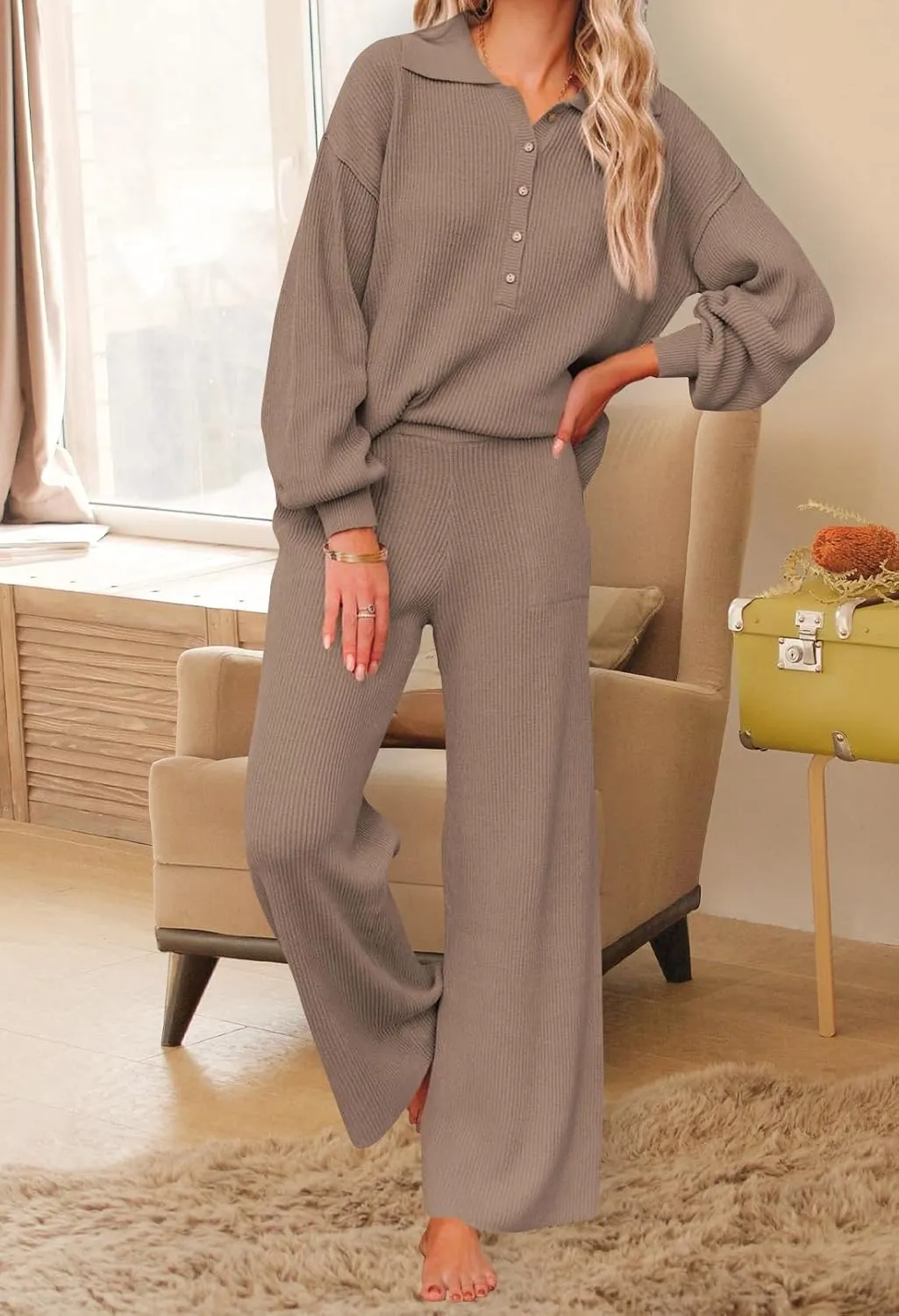 Pink Queen Women's 2 Piece Outfit Sweater Set Long Sleeve Button Knit Pullover Top Wide Leg Pants Pocket Sweatsuit