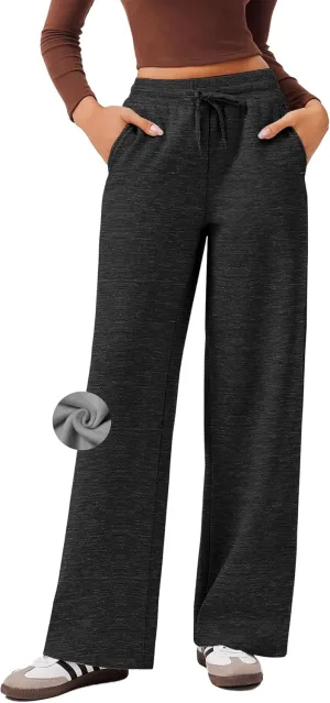 PINSPARK Womens Fleece Wide Leg Sweatpants High Waisted Athletic Sweat Pants Winter Baggy Workout Pant with Pocket