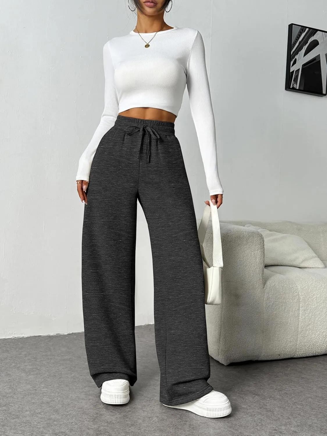 PINSPARK Womens Fleece Wide Leg Sweatpants High Waisted Athletic Sweat Pants Winter Baggy Workout Pant with Pocket