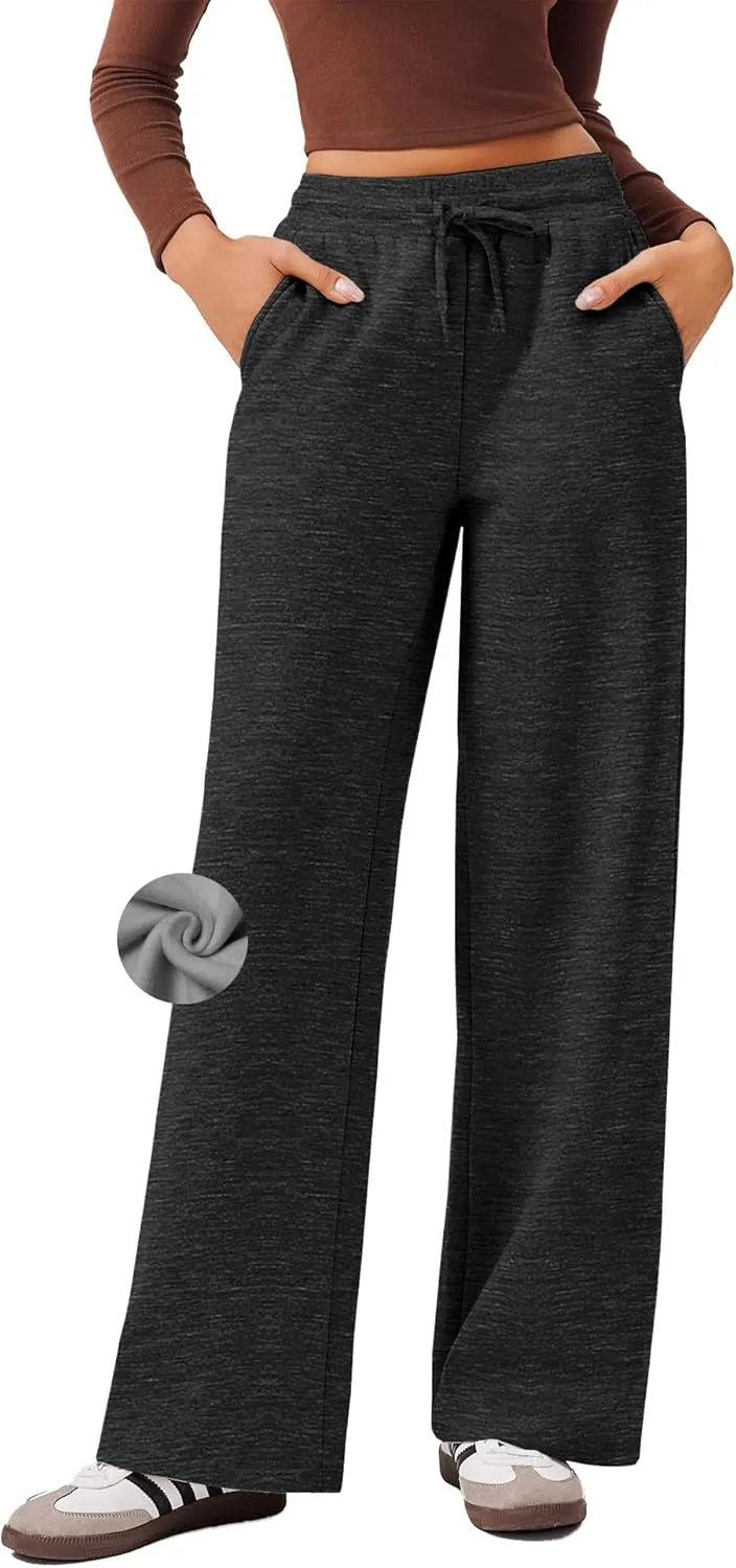PINSPARK Womens Fleece Wide Leg Sweatpants High Waisted Athletic Sweat Pants Winter Baggy Workout Pant with Pocket