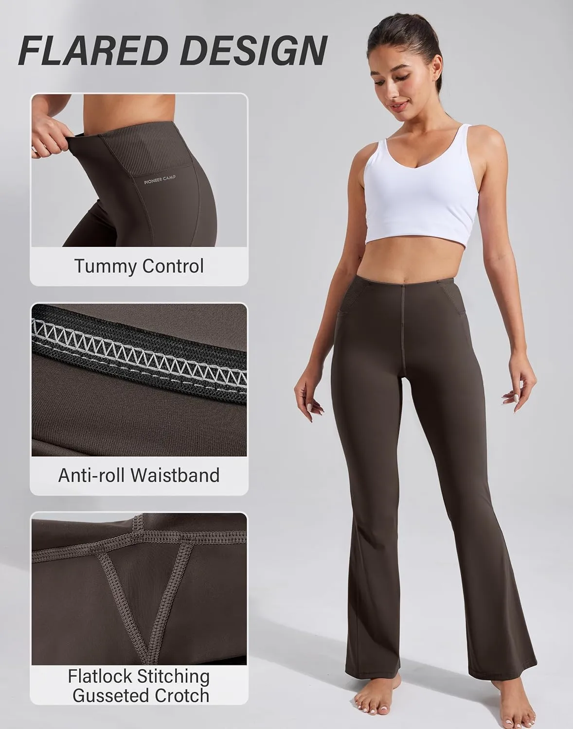 Pioneer Camp Women's Flare Yoga Pants Bootcut Flared Leggings with Pockets High Waist Tummy Control Bell Bottoms Gym Workout