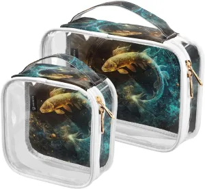Pisces-zodiac 2 Pack Clear Toiletry Bag Women Men, Portable Waterproof Clear Pouch, Cosmetic Bag with Double Zippers Large Opening Traveling with Handle for Bathroom Traveling Vacation Organizing