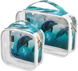 Playful-bottle-nosed-dolphin 2 Pack Clear Toiletry Bag Women Men, Portable Waterproof Clear Pouch, Cosmetic Bag with Double Zippers Large Opening Traveling with Handle for Bathroom Traveling Vacation