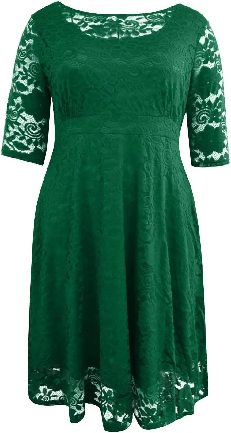 Plus Size Dresses for Curvy Women,2025 Elegant Lace Patchwork Cocktail Dress,Crewneck 3/4 Sleeve Midi Party Dress