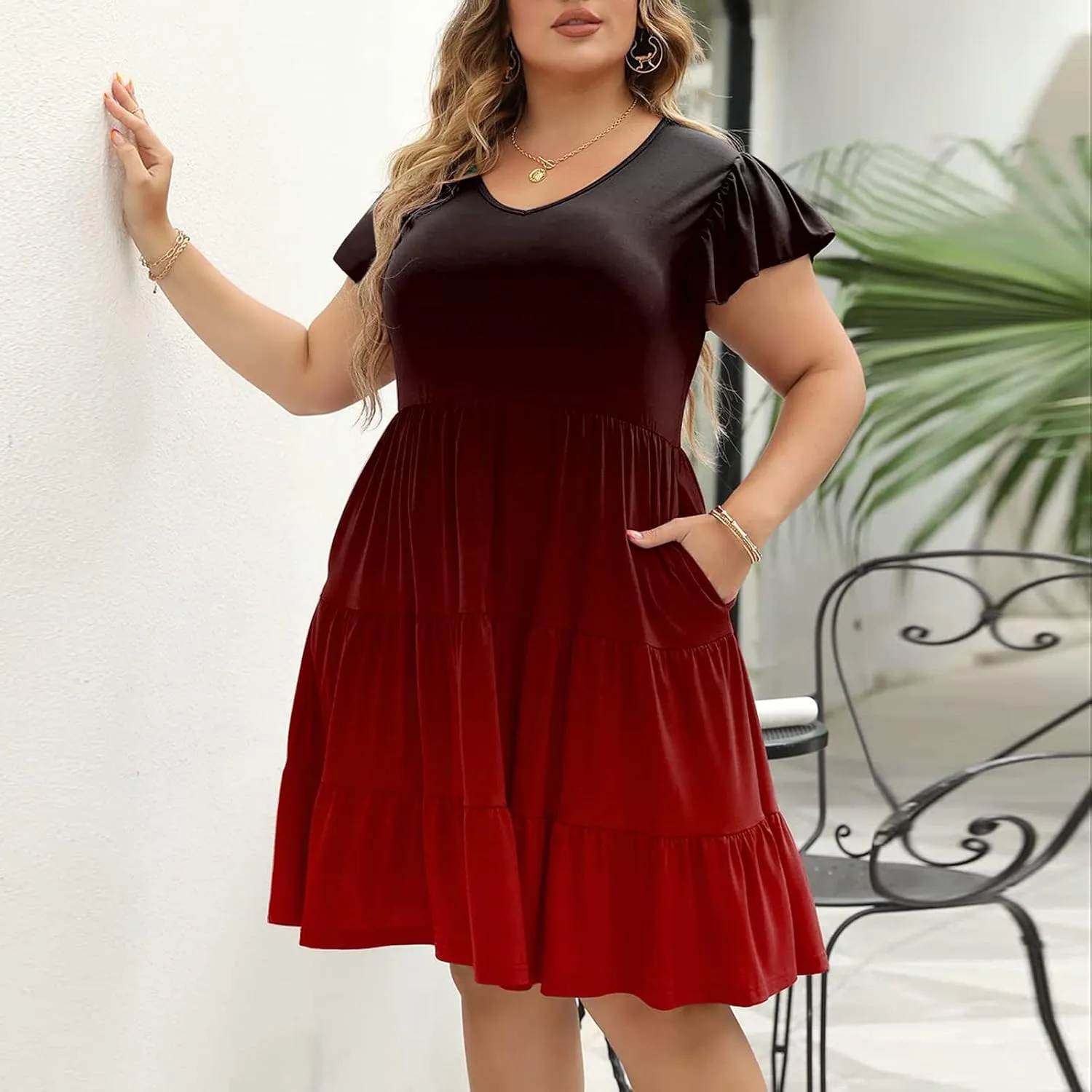 Plus Size Dresses for Curvy Women,Womens Ruffle Sleeve Tiered V Neck Midi Dress Casual Summer Dress with Pockets