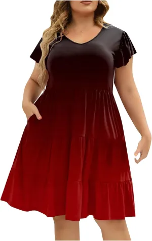 Plus Size Dresses for Curvy Women,Womens Ruffle Sleeve Tiered V Neck Midi Dress Casual Summer Dress with Pockets