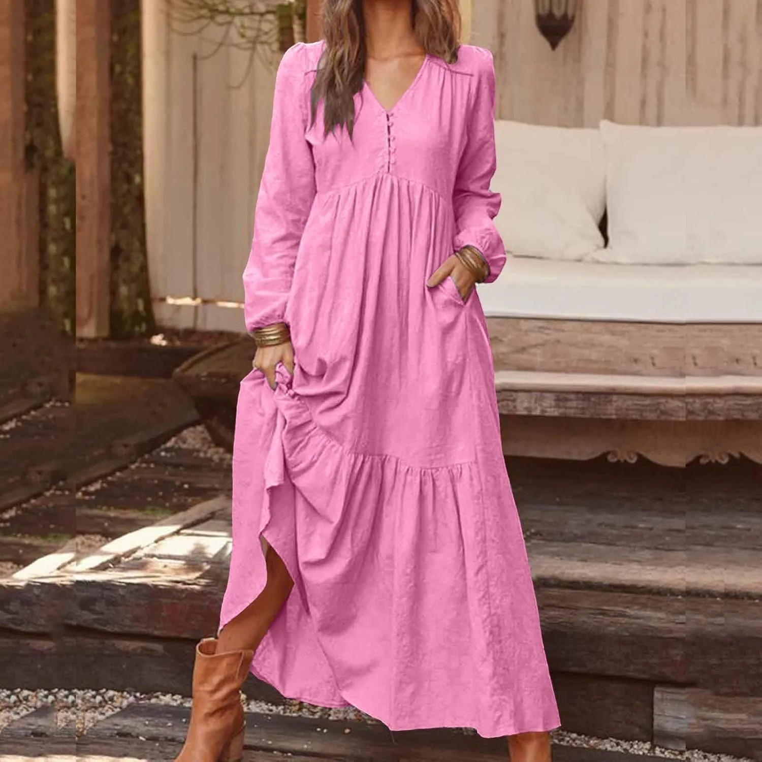 Plus Size Womens Dresses Long Sleeve V Neck 1/4 Button Tiered Ruffle Maxi Dress Trendy Spring Casual Linen Sundress