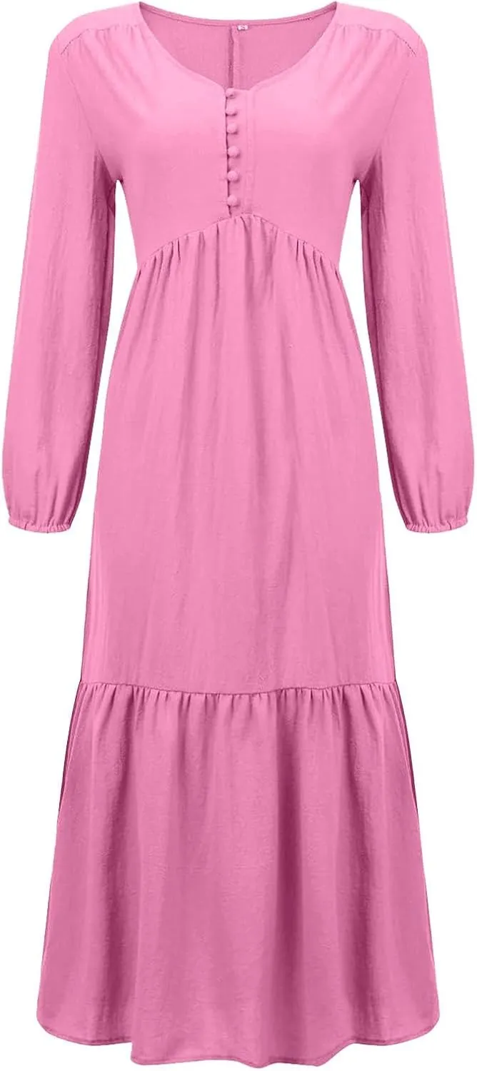Plus Size Womens Dresses Long Sleeve V Neck 1/4 Button Tiered Ruffle Maxi Dress Trendy Spring Casual Linen Sundress