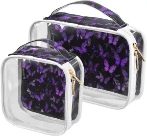 Purple-colour-butterflies1 2 Pack Clear Toiletry Bag Women Men, Portable Waterproof Clear Pouch, Cosmetic Bag with Double Zippers Large Opening Traveling with Handle for Bathroom Traveling Vacation Or
