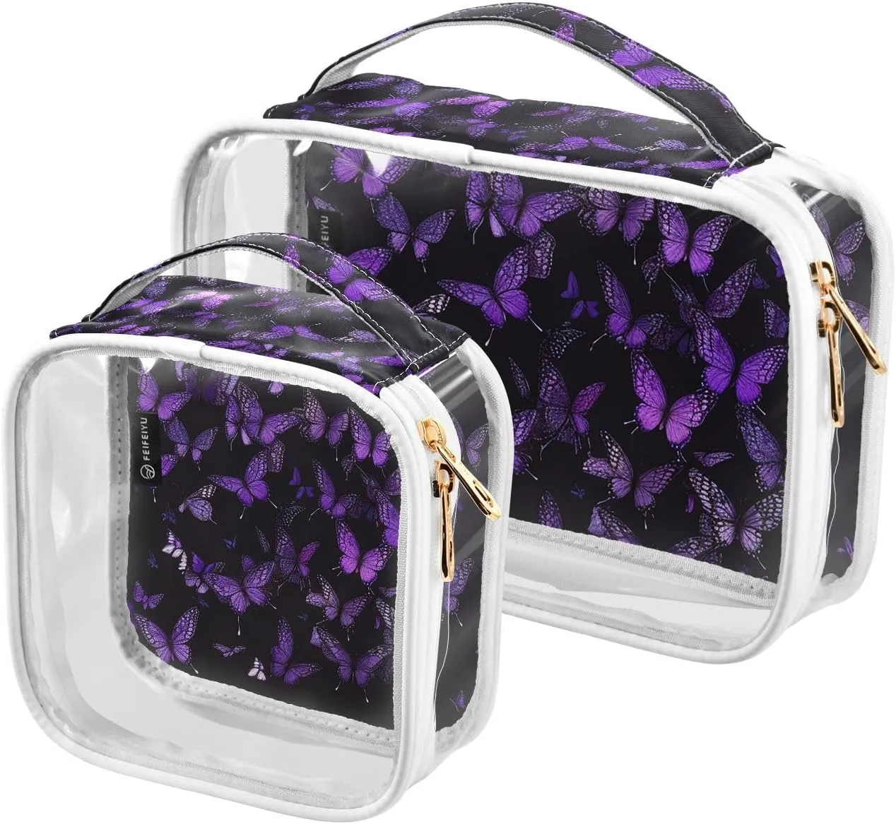 Purple-colour-butterflies1 2 Pack Clear Toiletry Bag Women Men, Portable Waterproof Clear Pouch, Cosmetic Bag with Double Zippers Large Opening Traveling with Handle for Bathroom Traveling Vacation Or