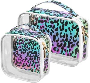 Rainbow Leopard-pattern 2 Pack Clear Toiletry Bag Women Men, Portable Waterproof Clear Pouch, Cosmetic Bag with Double Zippers Large Opening Traveling with Handle for Bathroom Traveling Vacation Organ