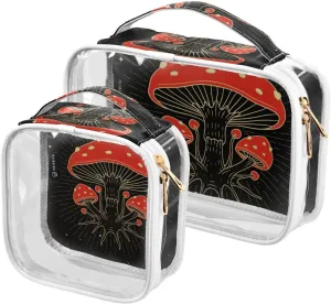 Reed-mushroom-pattern 2 Pack Clear Toiletry Bag Women Men, Portable Waterproof Clear Pouch, Cosmetic Bag with Double Zippers Large Opening Traveling with Handle for Bathroom Traveling Vacation Organiz
