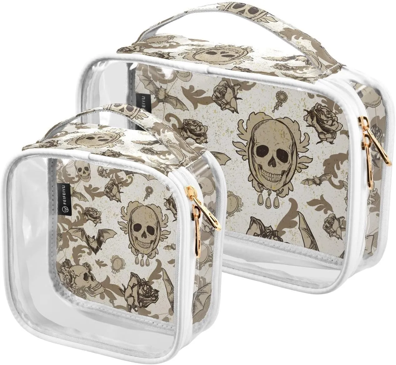 Retro-halloween-pattern 2 Pack Clear Toiletry Bag Women Men, Portable Waterproof Clear Pouch, Cosmetic Bag with Double Zippers Large Opening Traveling with Handle for Bathroom Traveling Vacation Organ