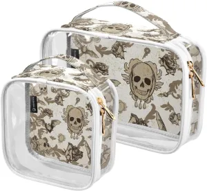Retro-halloween-pattern 2 Pack Clear Toiletry Bag Women Men, Portable Waterproof Clear Pouch, Cosmetic Bag with Double Zippers Large Opening Traveling with Handle for Bathroom Traveling Vacation Organ