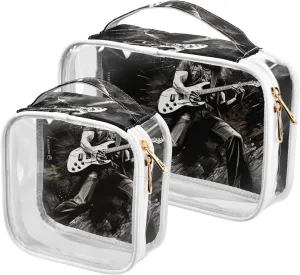 Rock-guitarist Print 2 Pack Clear Toiletry Bag Women Men, Portable Waterproof Clear Pouch, Cosmetic Bag with Double Zippers Large Opening Traveling with Handle for Bathroom Traveling Vacation Organizi