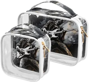 Rock Guitarist Print 2 Pack Clear Toiletry Bag Women Men, Portable Waterproof Clear Pouch, Cosmetic Bag with Double Zippers Large Opening Traveling with Handle for Bathroom Traveling Vacation Organizi