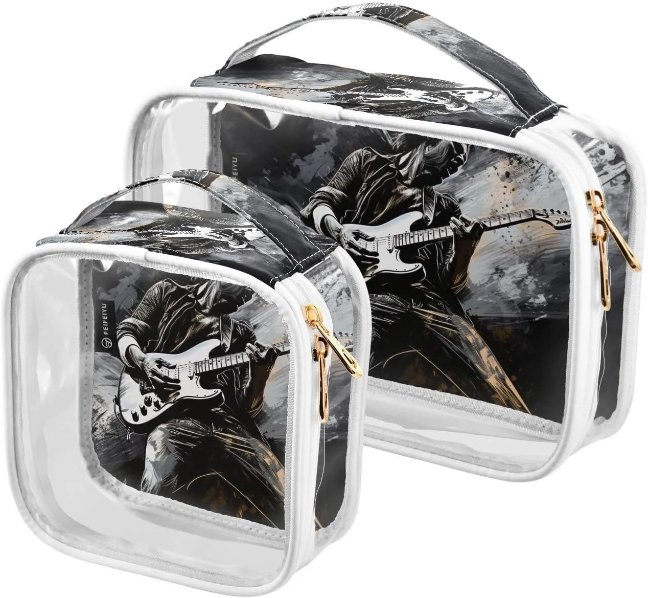 Rock Guitarist Print 2 Pack Clear Toiletry Bag Women Men, Portable Waterproof Clear Pouch, Cosmetic Bag with Double Zippers Large Opening Traveling with Handle for Bathroom Traveling Vacation Organizi