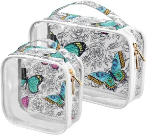 Roses-colorful-butterflies Print 2 Pack Clear Toiletry Bag Women Men, Portable Waterproof Clear Pouch, Cosmetic Bag with Double Zippers Large Opening Traveling with Handle for Bathroom Traveling Vacat