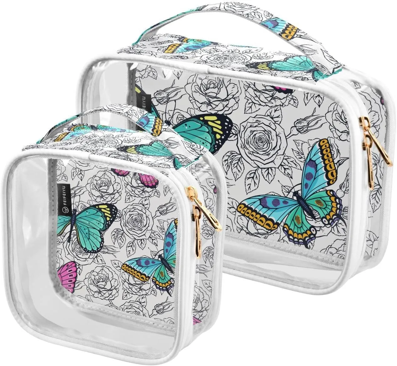 Roses-colorful-butterflies Print 2 Pack Clear Toiletry Bag Women Men, Portable Waterproof Clear Pouch, Cosmetic Bag with Double Zippers Large Opening Traveling with Handle for Bathroom Traveling Vacat