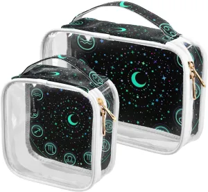 Round-zodiac-signs 2 Pack Clear Toiletry Bag Women Men, Portable Waterproof Clear Pouch, Cosmetic Bag with Double Zippers Large Opening Traveling with Handle for Bathroom Traveling Vacation Organizing
