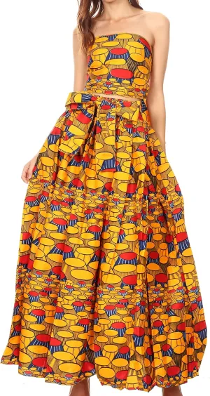 Sakkas Ami Women's Maxi Long African Ankara Print Skirt Pockets & Elastic Waist