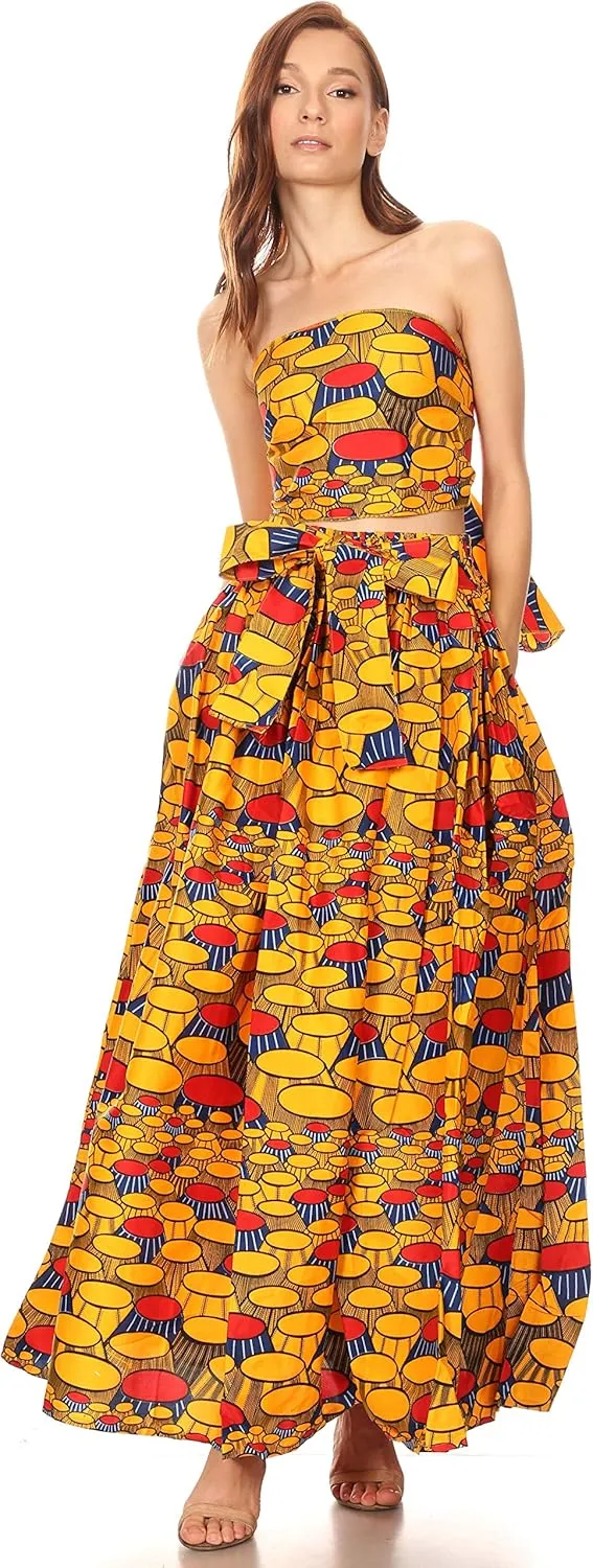 Sakkas Ami Women's Maxi Long African Ankara Print Skirt Pockets & Elastic Waist