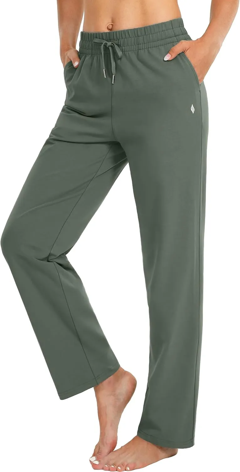 SANTINY Women's Cotton Sweatpants Yoga Lounge Casual Pants Open Bottom Sweat Pants for Women with Pockets