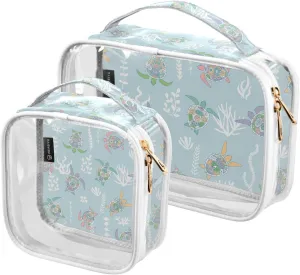 Sea-turtles-texture 2 Pack Clear Toiletry Bag Women Men, Portable Waterproof Clear Pouch, Cosmetic Bag with Double Zippers Large Opening Traveling with Handle for Bathroom Traveling Vacation Organizin