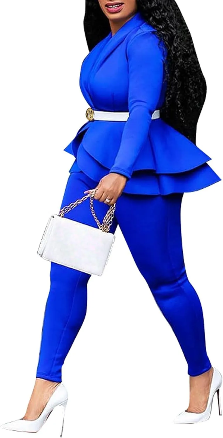 SEMATOMALA Women's Peplum Blazer Pencil Pant Set 2 Piece Casual Elegant Business Suit Solid Ruffle Jacket Bodycon Outfits