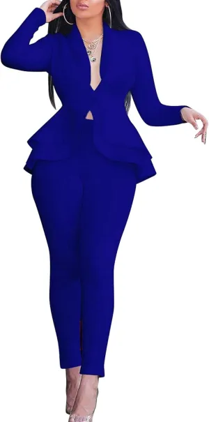 SEMATOMALA Women's Peplum Blazer Pencil Pant Set 2 Piece Casual Elegant Business Suit Solid Ruffle Jacket Bodycon Outfits