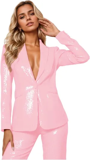 Sequin Womens Suit 2 Piece Set Dressy Sexy V Neck Wedding Tuxedos Glitter Sparkly Blazer Pants Prom Party Outfit