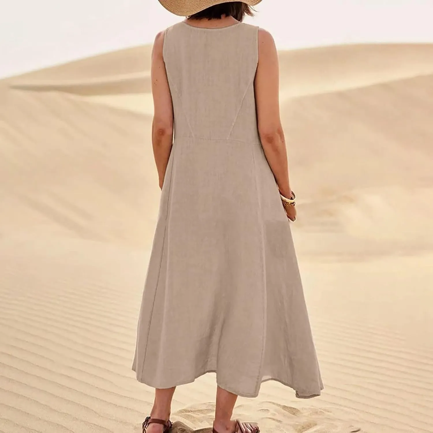 SGASY Summer Dresses for Women 2025 Sleeveless Casual Cotton Linen Sundress Plus Size Maxi Tank Beach Dress with Pocket