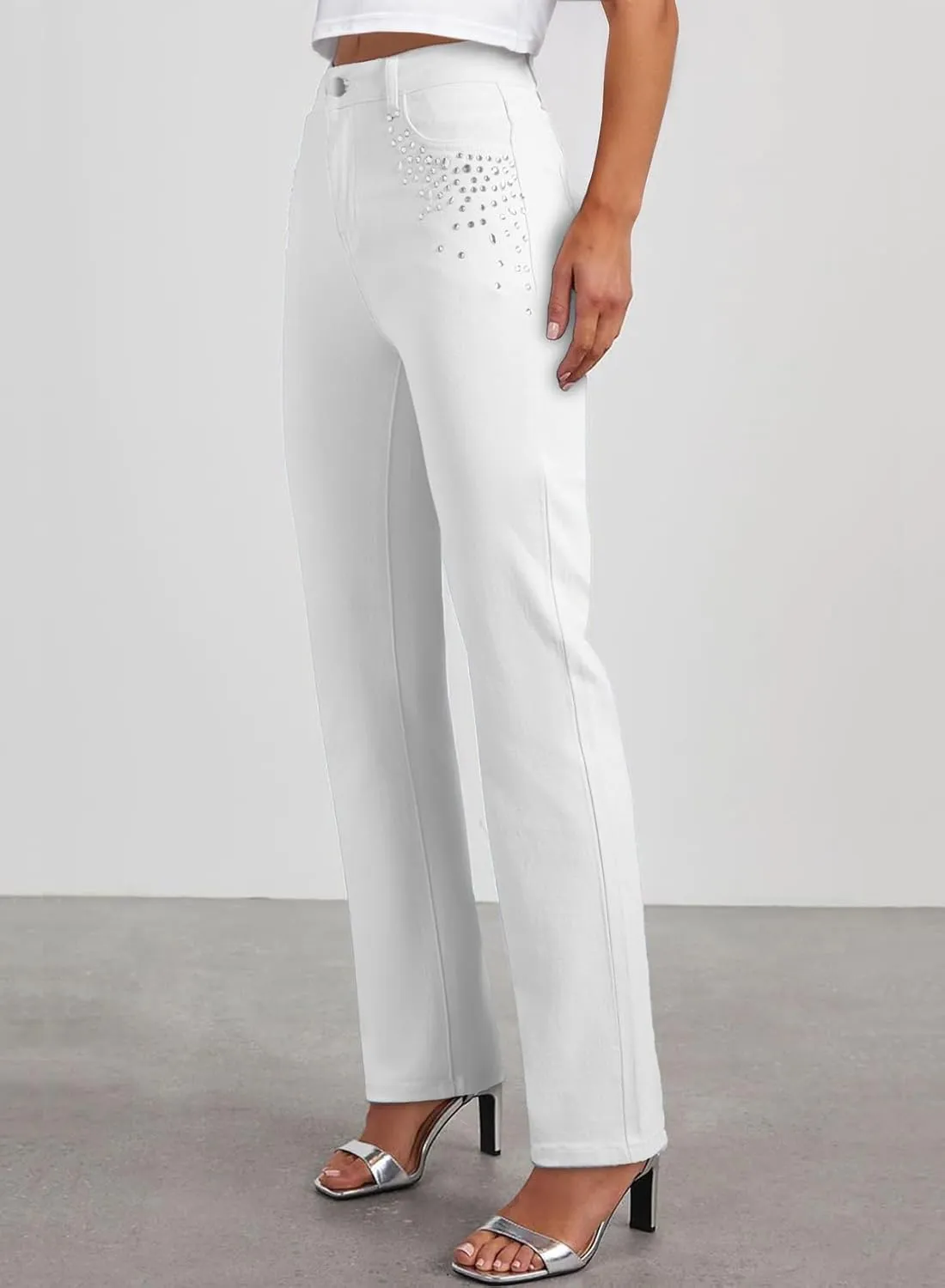 Sidefeel Women's Straight Leg Jeans High Waisted Stretchy Rhinestone Wide Leg Denim Pants