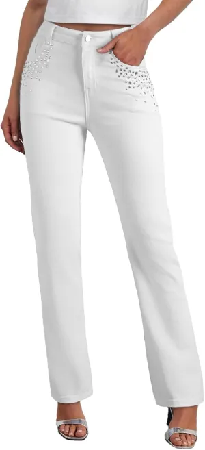 Sidefeel Women's Straight Leg Jeans High Waisted Stretchy Rhinestone Wide Leg Denim Pants