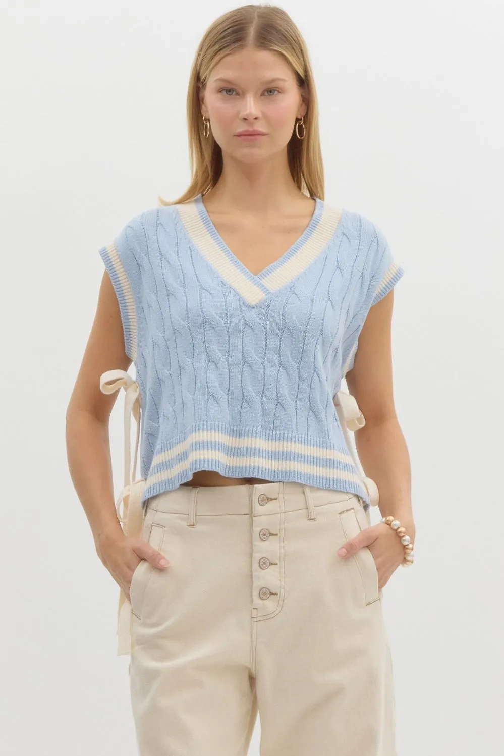 Solid Cable V-Neck Knit Sweater Vest