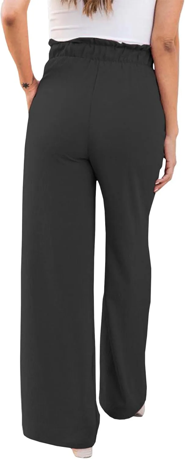 SOMTHRON Women's Paper Bag Belted Wide Leg Pants High Waist Casual Palazzo Flowy Beach Long Trousers