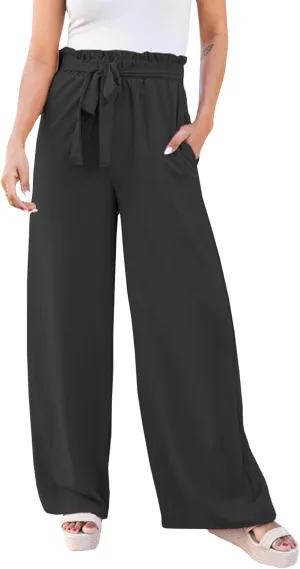 SOMTHRON Women's Paper Bag Belted Wide Leg Pants High Waist Casual Palazzo Flowy Beach Long Trousers