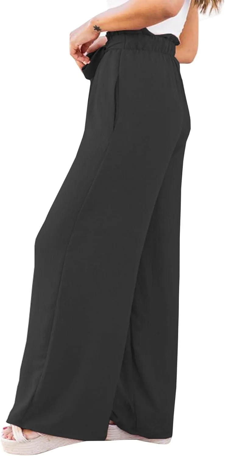 SOMTHRON Women's Paper Bag Belted Wide Leg Pants High Waist Casual Palazzo Flowy Beach Long Trousers
