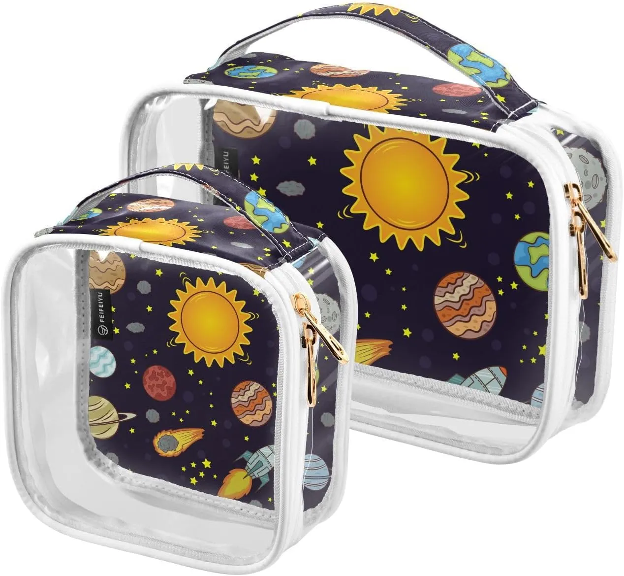 Space-pattern 2 Pack Clear Toiletry Bag Women Men, Portable Waterproof Clear Pouch, Cosmetic Bag with Double Zippers Large Opening Traveling with Handle for Bathroom Traveling Vacation Organizing