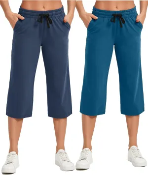 SPECIALMAGIC Women Capri Pants Cotton Yoga Wide Leg Capris Sweatpants Sports 2 Pack