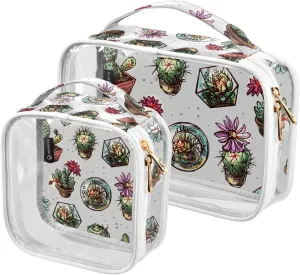Succulents-pattern 2 Pack Clear Toiletry Bag Women Men, Portable Waterproof Clear Pouch, Cosmetic Bag with Double Zippers Large Opening Traveling with Handle for Bathroom Traveling Vacation Organizing