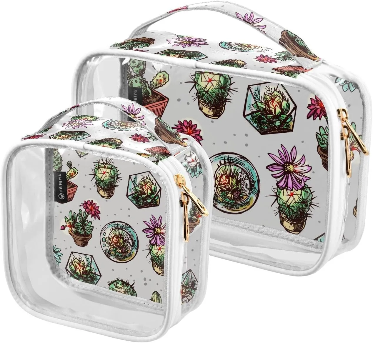 Succulents-pattern 2 Pack Clear Toiletry Bag Women Men, Portable Waterproof Clear Pouch, Cosmetic Bag with Double Zippers Large Opening Traveling with Handle for Bathroom Traveling Vacation Organizing