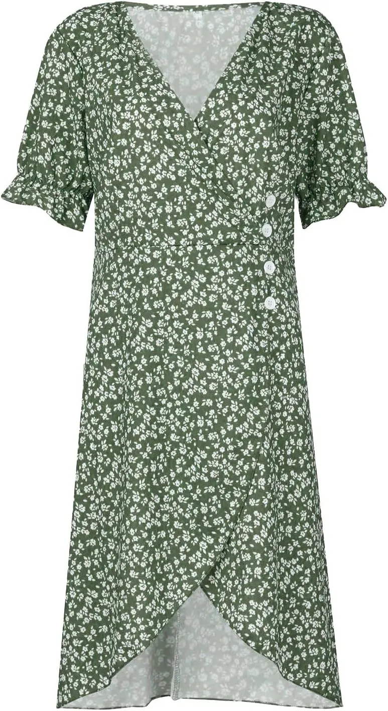 Summer Dresses for Women 2024 Casual V Neck A-line Boho Dress Ditsy Floral Flounce Sleeve Wrap Hem Dress