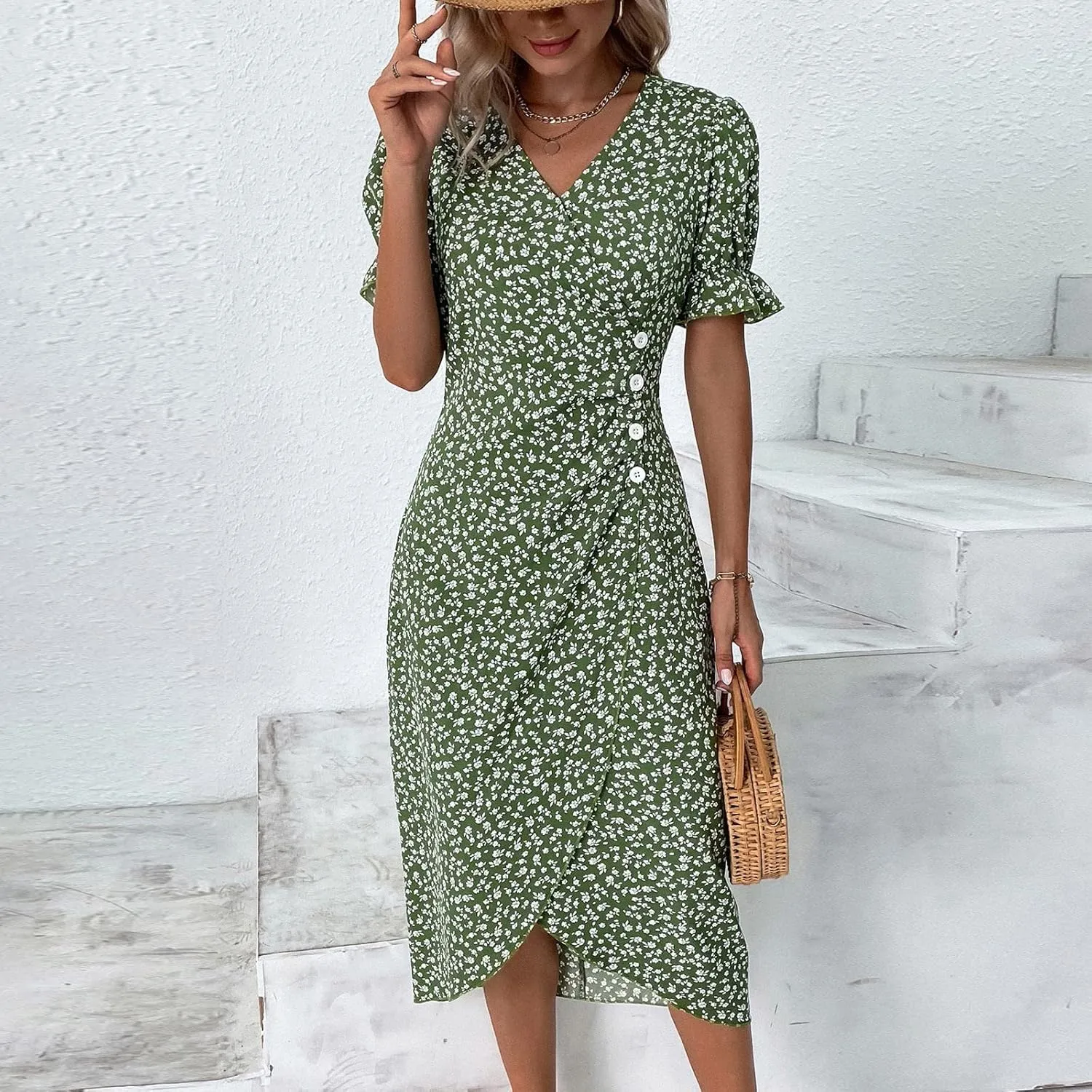 Summer Dresses for Women 2024 Casual V Neck A-line Boho Dress Ditsy Floral Flounce Sleeve Wrap Hem Dress