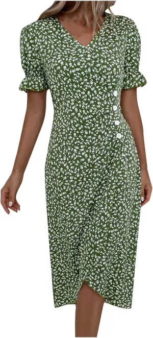 Summer Dresses for Women 2024 Casual V Neck A-line Boho Dress Ditsy Floral Flounce Sleeve Wrap Hem Dress