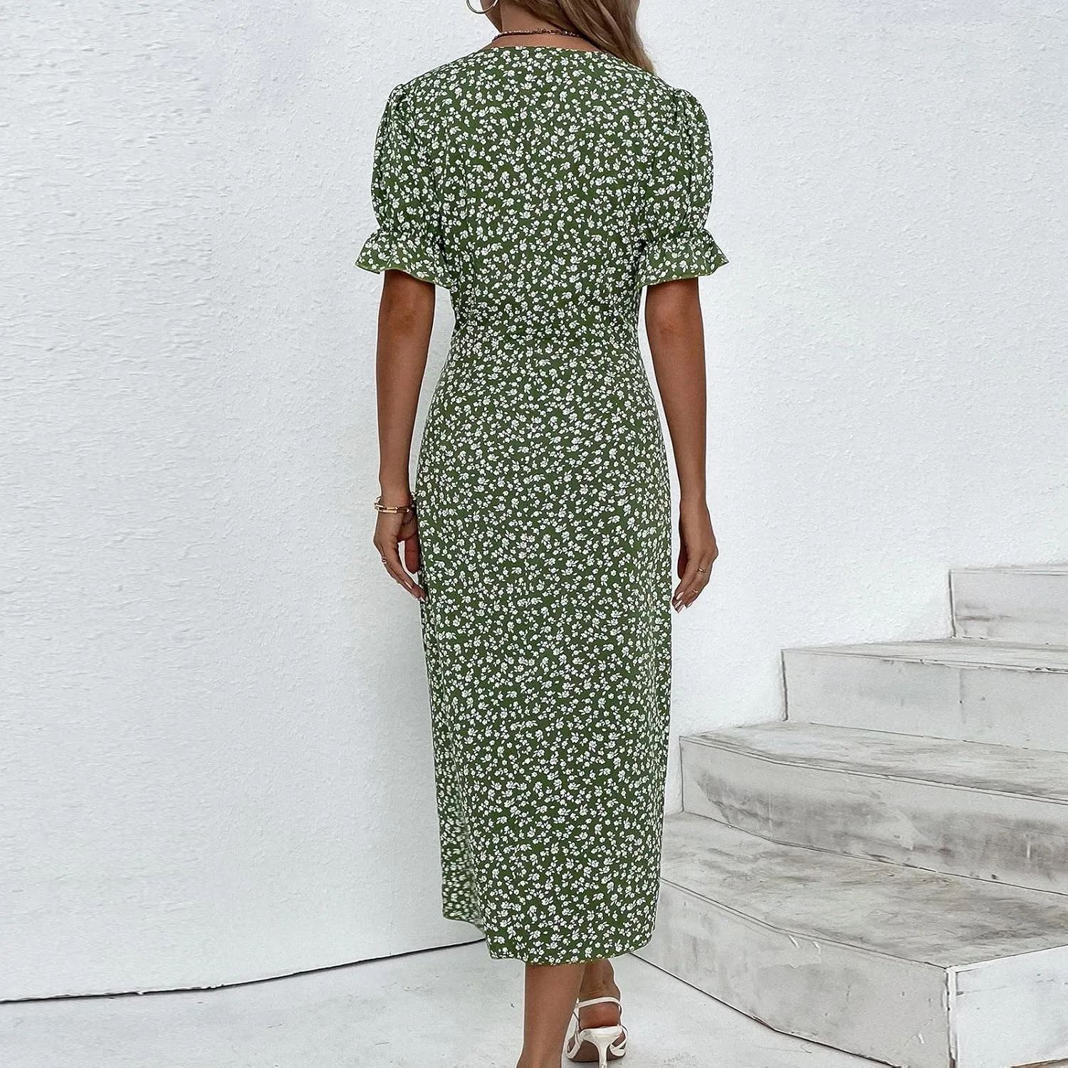 Summer Dresses for Women 2024 Casual V Neck A-line Boho Dress Ditsy Floral Flounce Sleeve Wrap Hem Dress