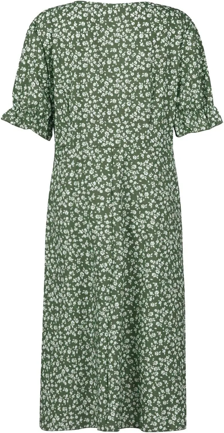 Summer Dresses for Women 2024 Casual V Neck A-line Boho Dress Ditsy Floral Flounce Sleeve Wrap Hem Dress